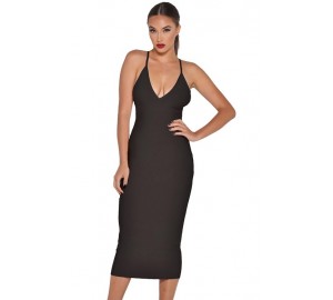 'Jhene' black v-neck midi bandage dress